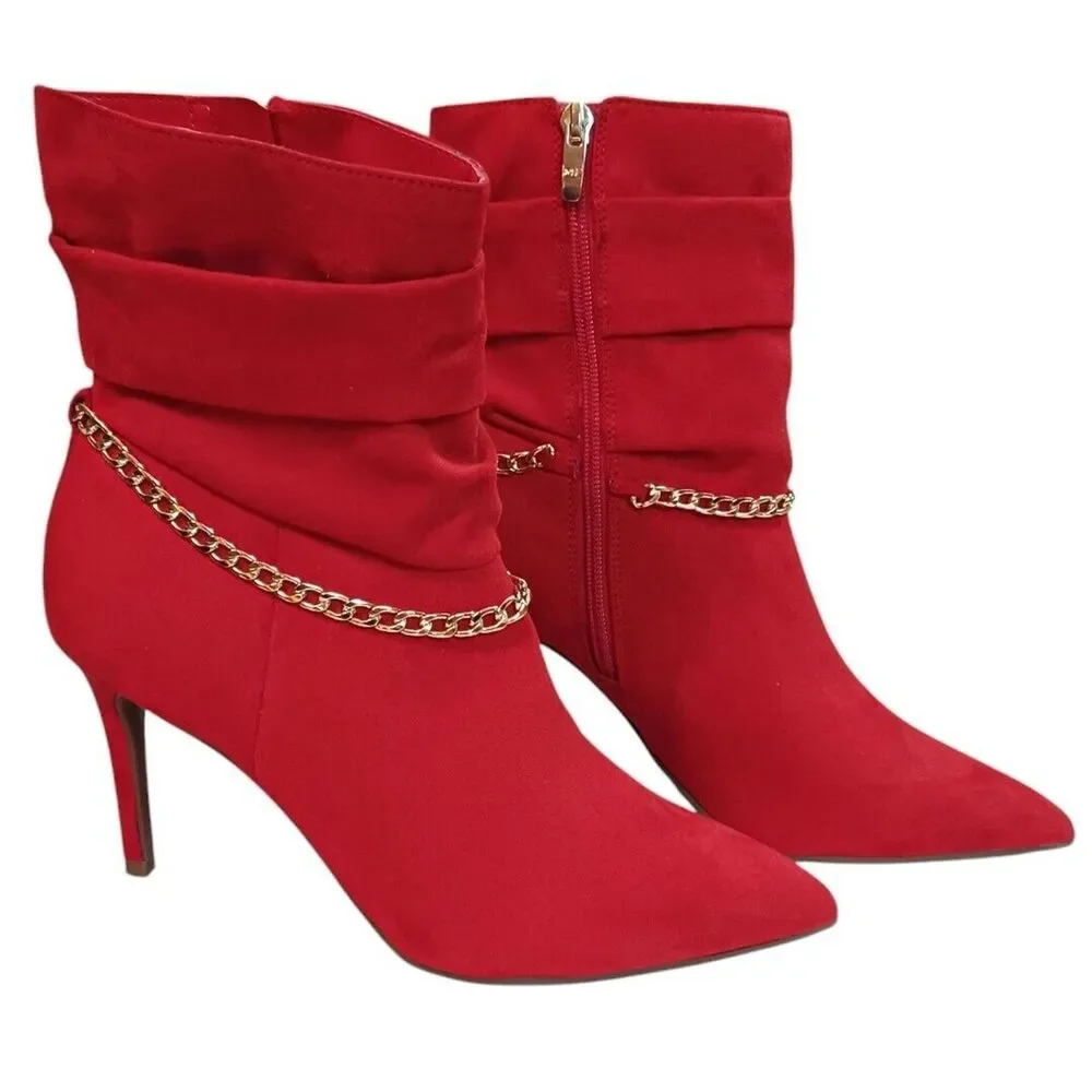 NWOT Marc Fisher 8.5 Red Femme Fatale Suede Ankle Booties Gold Chain Stiletto